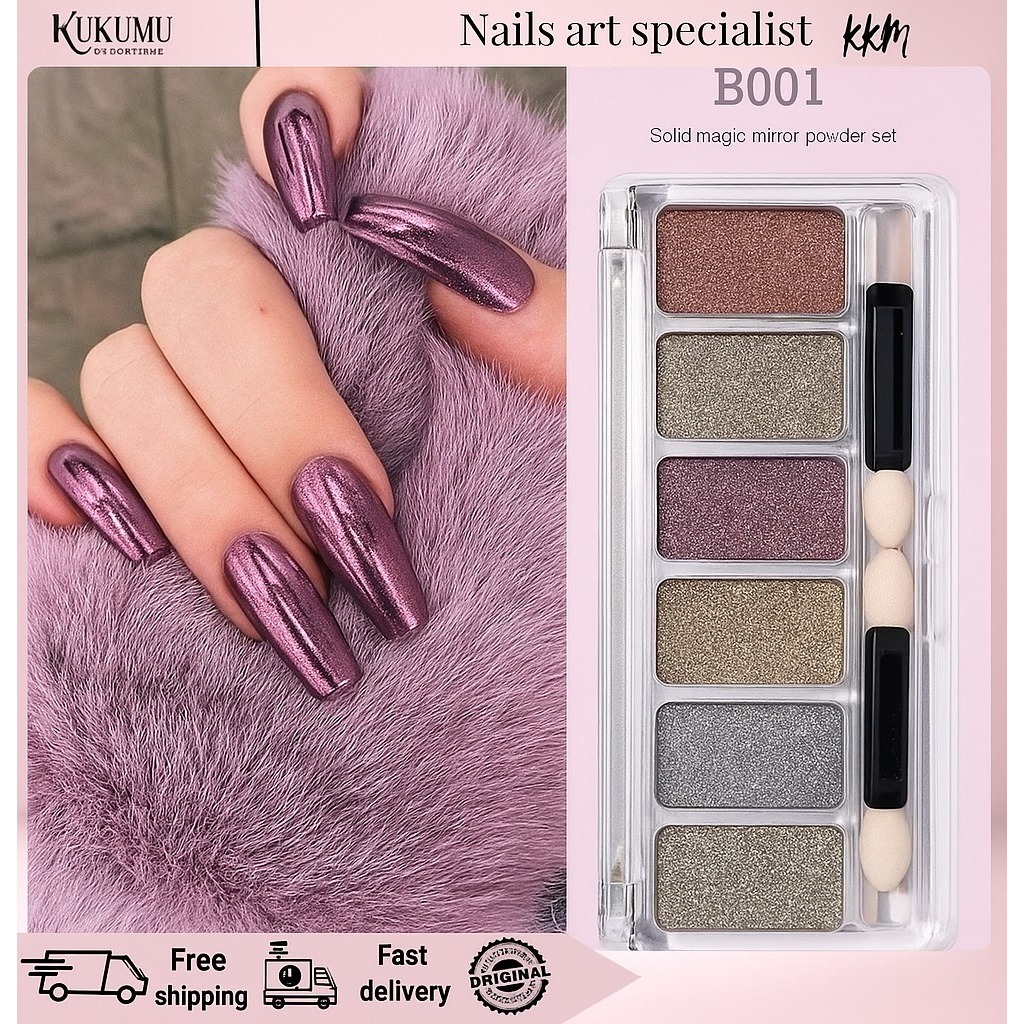 6Pcs CHROME POWDER NAIL ART 6 WARNA CHROME MIROR COMPACT JAPAN NAILS / CHROME GLAZE DONUT