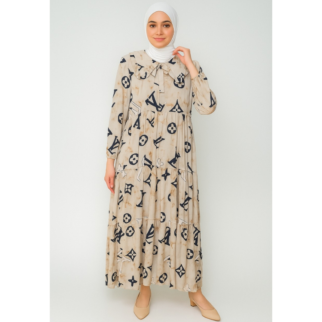 Gamis Motif LV Elegan Lengan Panjang -Bahan Santung Rayon -