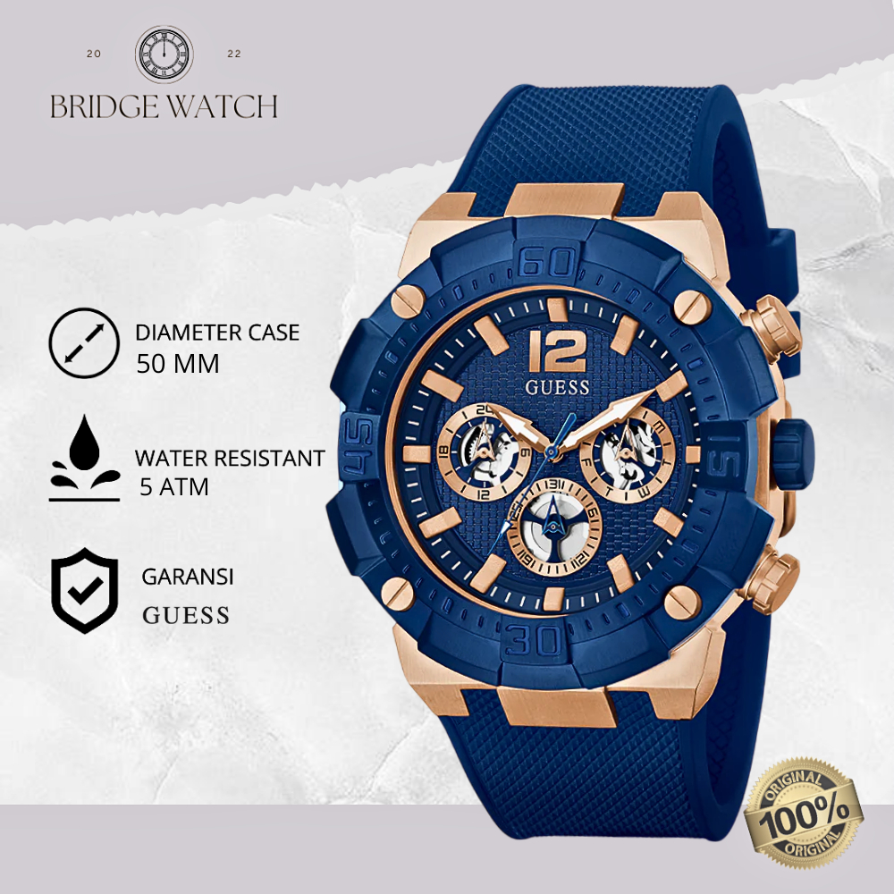 Jam Tangan Pria Guess GW0264G4 Chronograph Black Gold Silicone Strap Kulit Mewah Casual Original