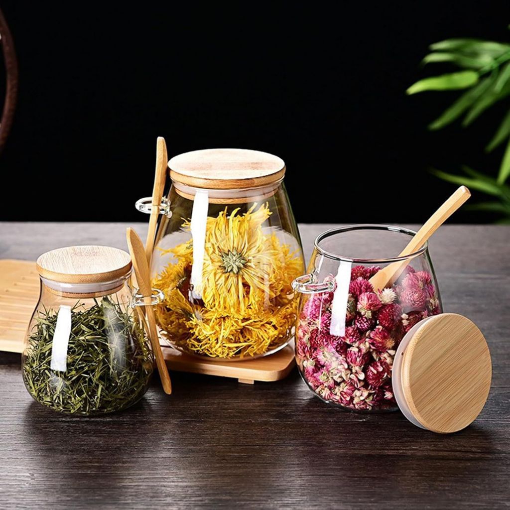 Toples Kaca dengan Tutup Kayu dan Sendok Kayu / Toples Penyimpanan Bumbu Dapur