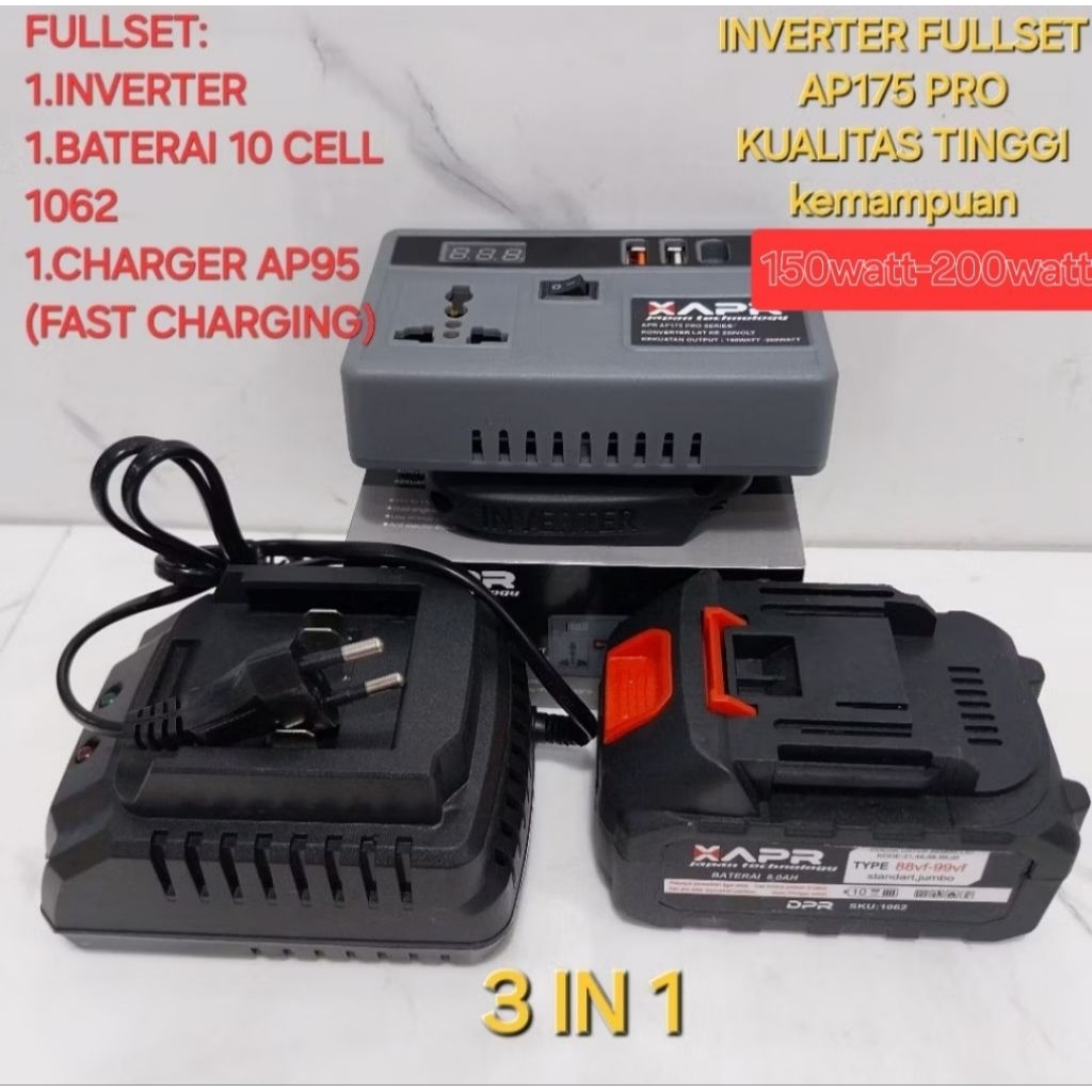 APR 3 IN 1(AP175PRO+BATERAI1062+CHARGER KODOK AP95) inverter genset baterai lxt ke listrik 220volt P