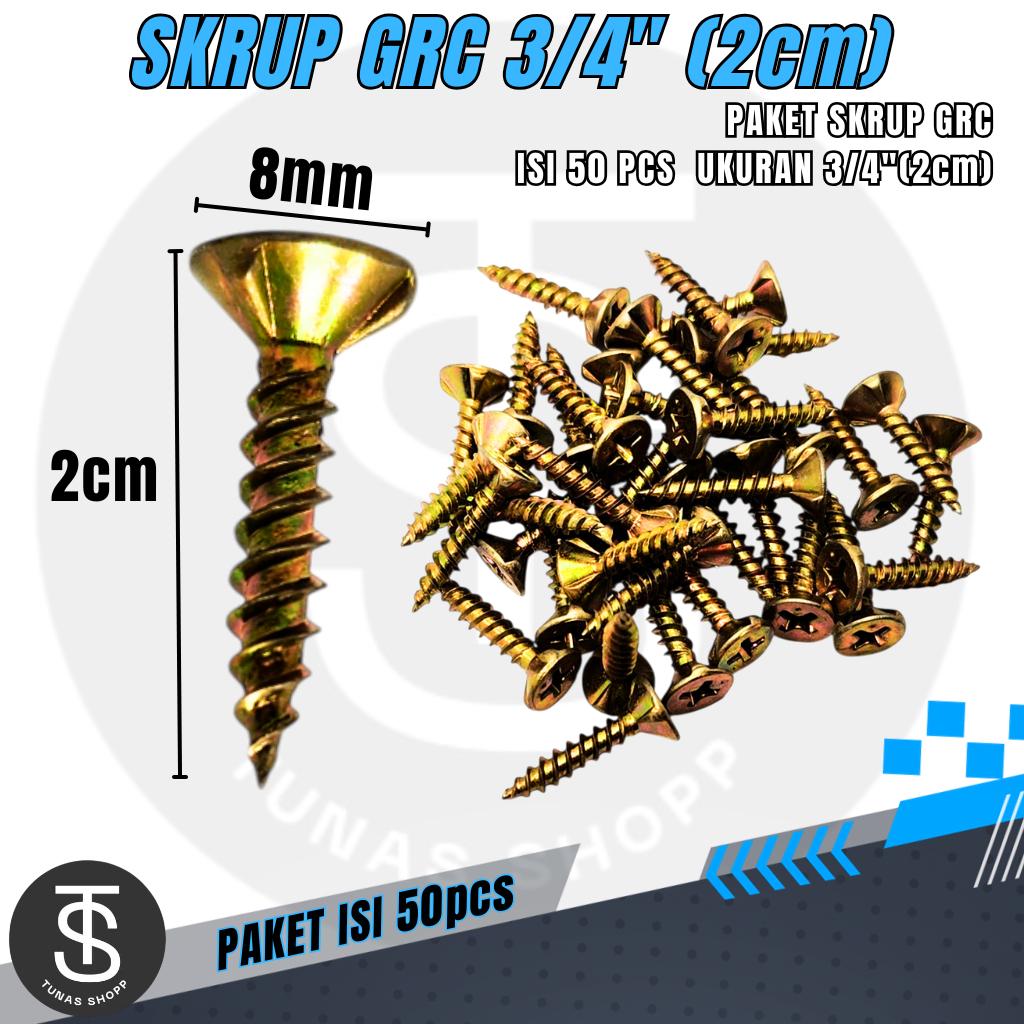 SKRUP GRC UKURAN 3/4"(1,9CM) PAKET ISI 50 PCS / Skrup GRC Ukuran 3/4 Inch Paket Isi 50 PCS / Sekrup 