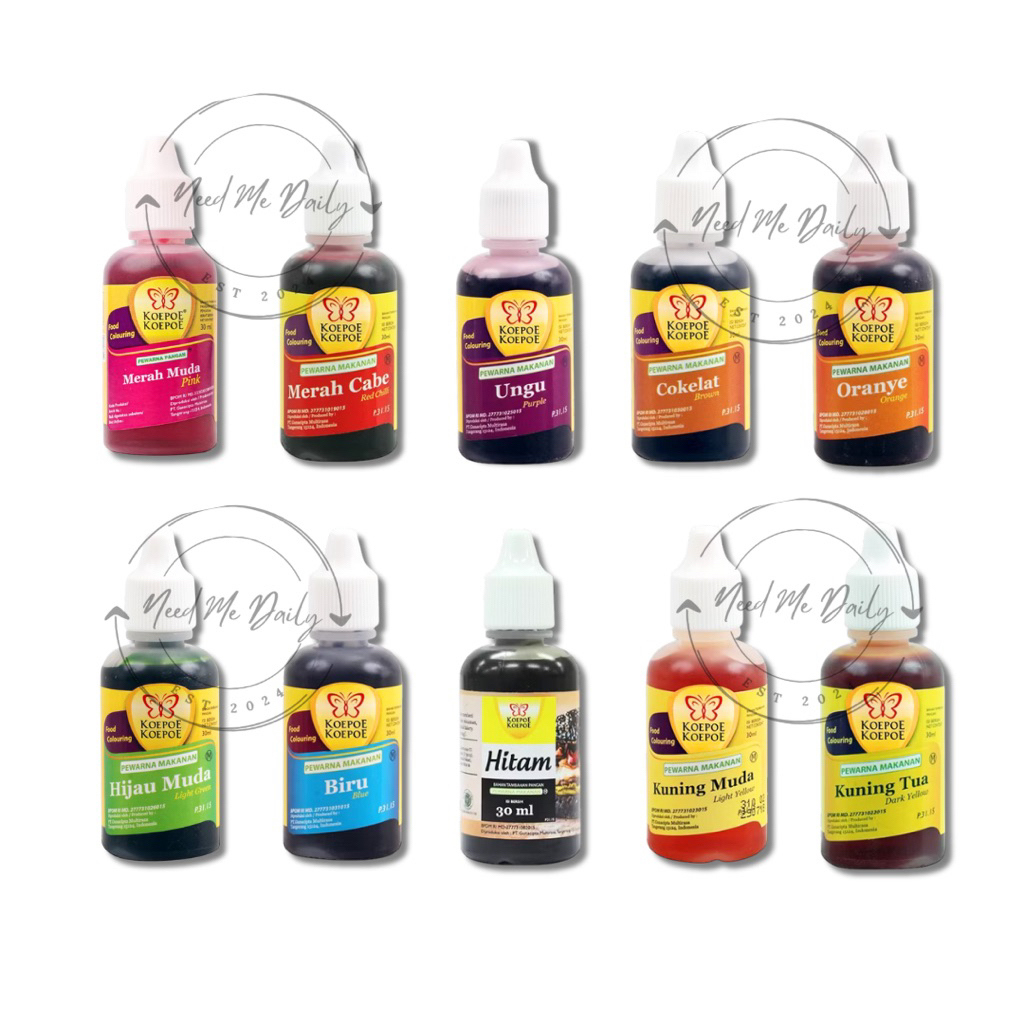 Koepoe Kopoe Pewarna Makanan 30ml | Pewarna Food Grade Kupu Kupu | Merah Cabe | Hijau Muda | Hitam |