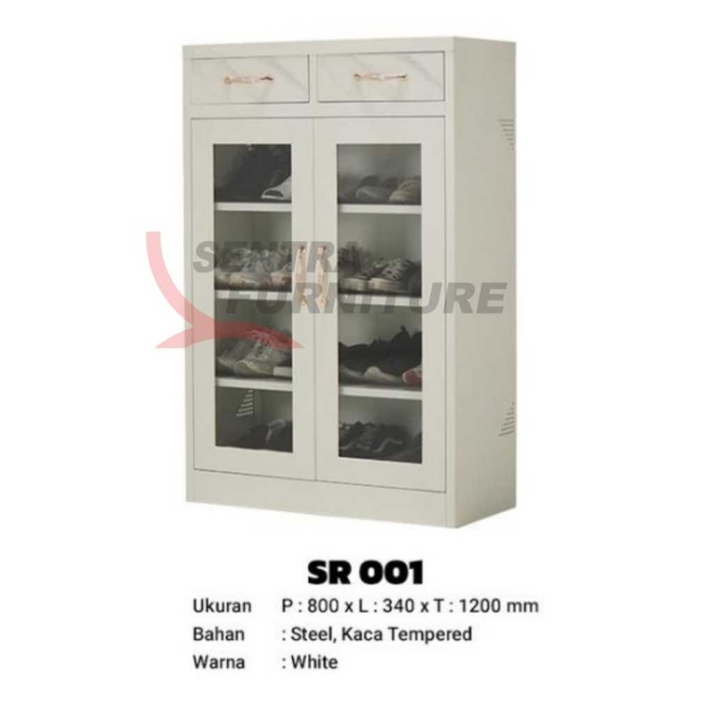 Rak Sepatu Besi 2 Pintu Kaca Minimalis - 2 Laci Kecil Atas