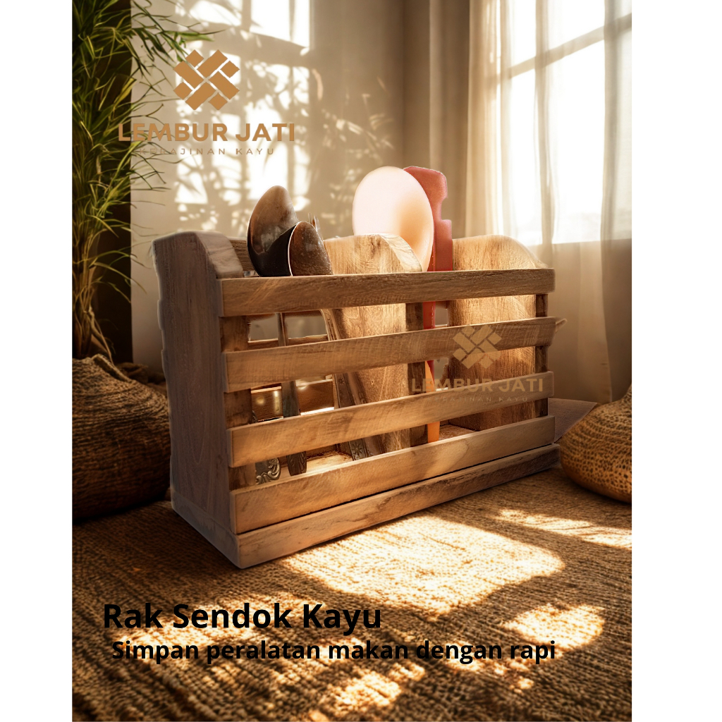 LEMBUR JATI KERAJINAN KAYU Rak Sendok Garpu Aesthetic Handmade Serbaguna - Tempat Pensil Skat Kayu M