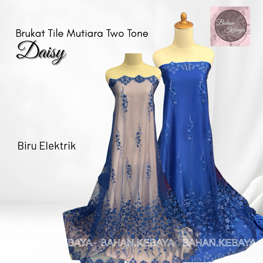Bahan Kebaya Brokat Brukat Tile Bordir Mutiara Two Tone Daisy Pearl Series Warna Biru Elektrik Blue