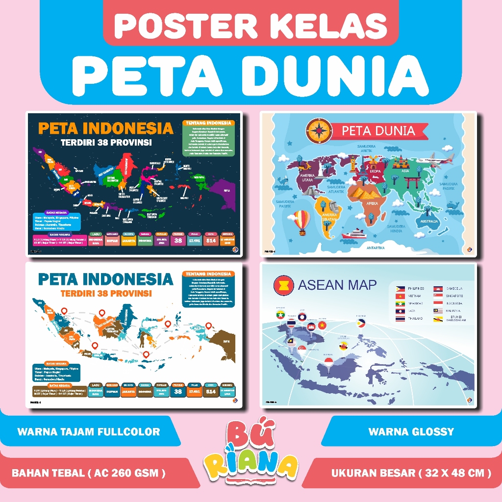 Poster Edukasi Anak Peta Dunia Dan Indonesia A3 / Peta Indonesia