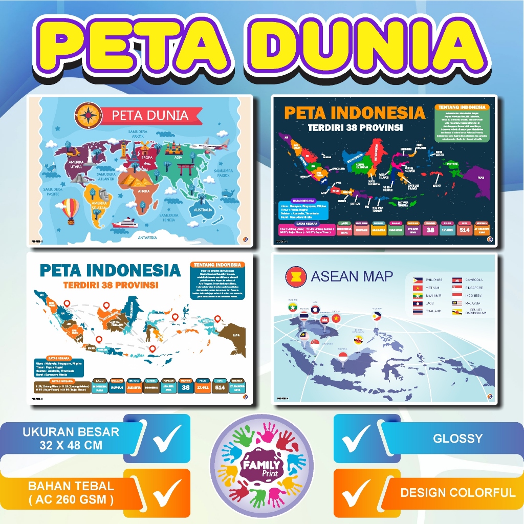 Poster Peta Dunia - Poster Peta Indonesia - Poster Edukasi Anak