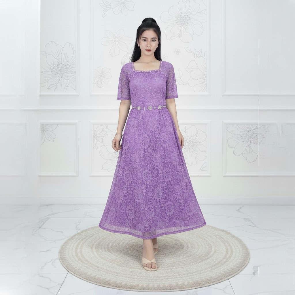 Real Pic Long Dress Natal CAREN -3Ukuran M L XL- Dress Brokat Lengan Pendek - Dress Pesta Wanita Kon