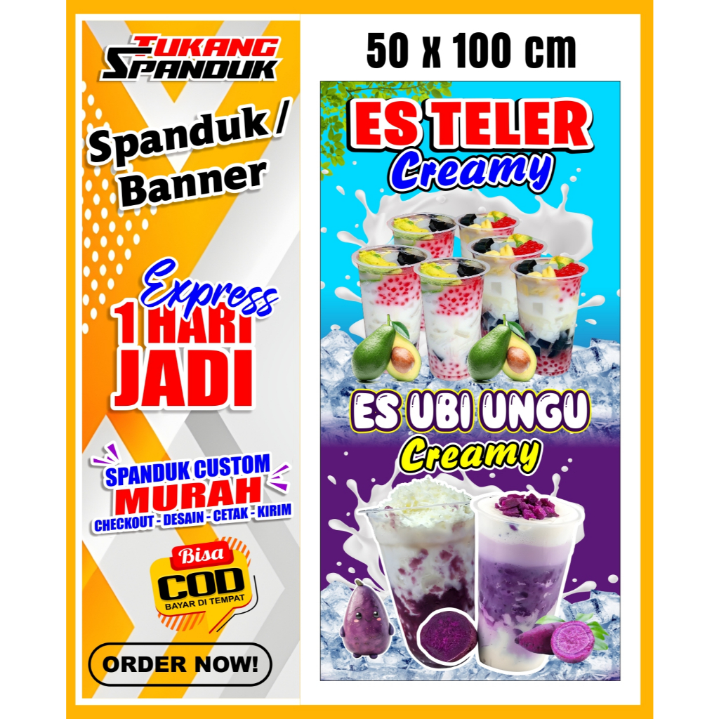Banner ES TELER & UBI UNGU, Spanduk ES TELER & UBI UNGU VIRAL, ukuran 50X100 cm, COD / Banner ES TEL