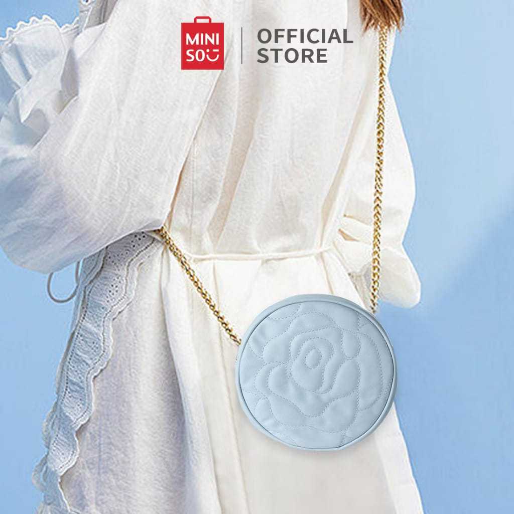 MINISO Tas Selempang Tas Wanita Biru Rantai Mode Crossbody Bulat Klasik Elemen Mawar Yang Unik Messe