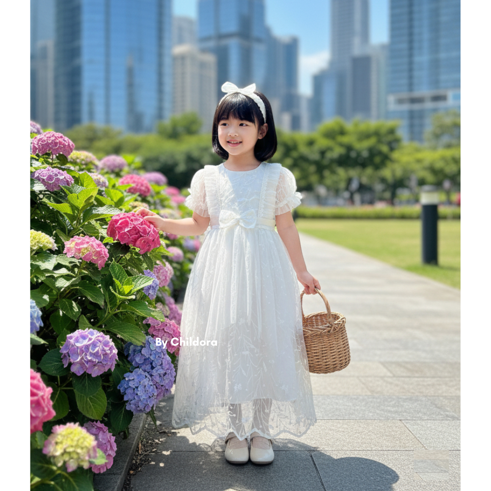 DRESS PESTA PUTIH BROKAT MEWAH ANAK PEREMPUAN USIA 3-8 TAHUN FREE BANDO / DRESS PESTA BROKAT ULANG T