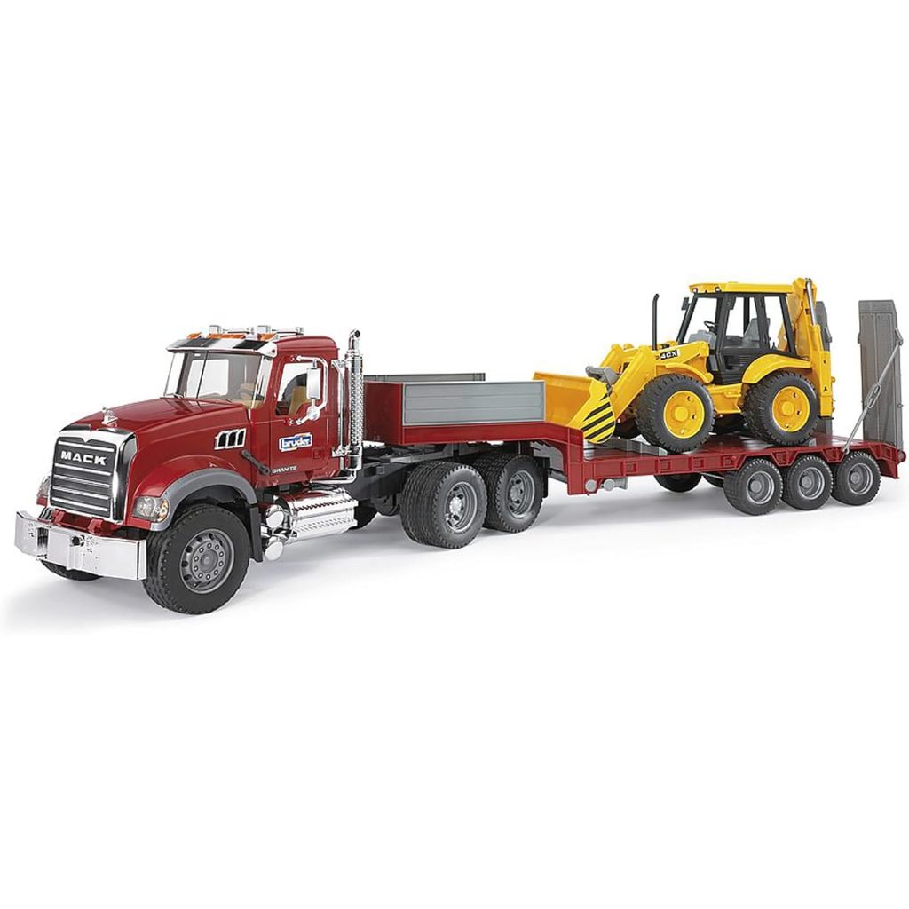 Bruder Toys 02813 Mack Granite Flatbed Truck with JCB Loader Backhoe