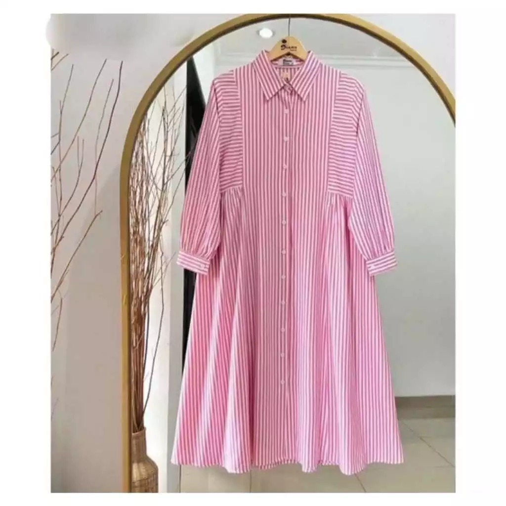 TERBARU Kemeja Tunik Wanita Lengan Panjang Tunik Motif Salur Terbaru  Bahan Rayon Tunik Full Kancing