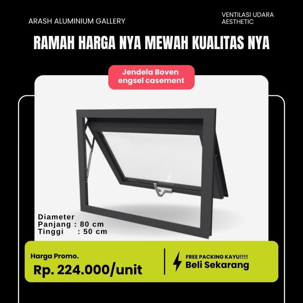 Jendela aluminium Boven, engsel casement, ventilasi udara fungsional, ventilasi aluminium dapur