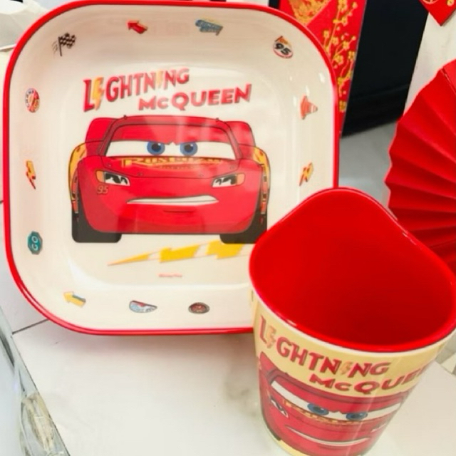 paket 2in1 mewah piring melamin gelas import karakter ariel car mcqueen cars