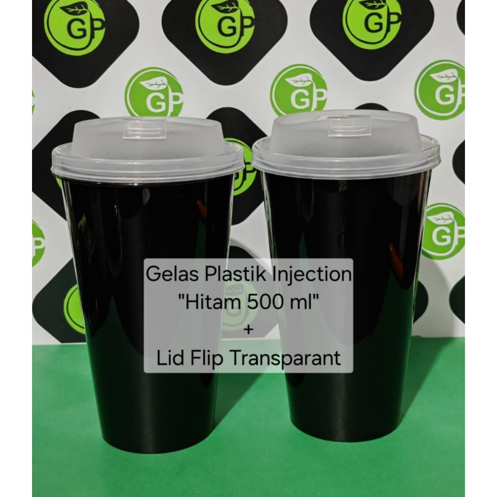 Gelas Plastik Injection Warna Hitam 500 ml + Lid injection Flip Transparant (Harga Untuk 50 Set)