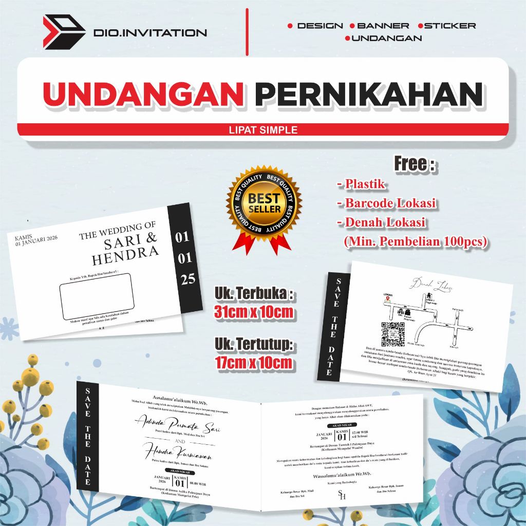Undangan Pernikahan Lipat Simple A (Free Design, Denah Lokasi, Barcode Lokasi, Plastik)