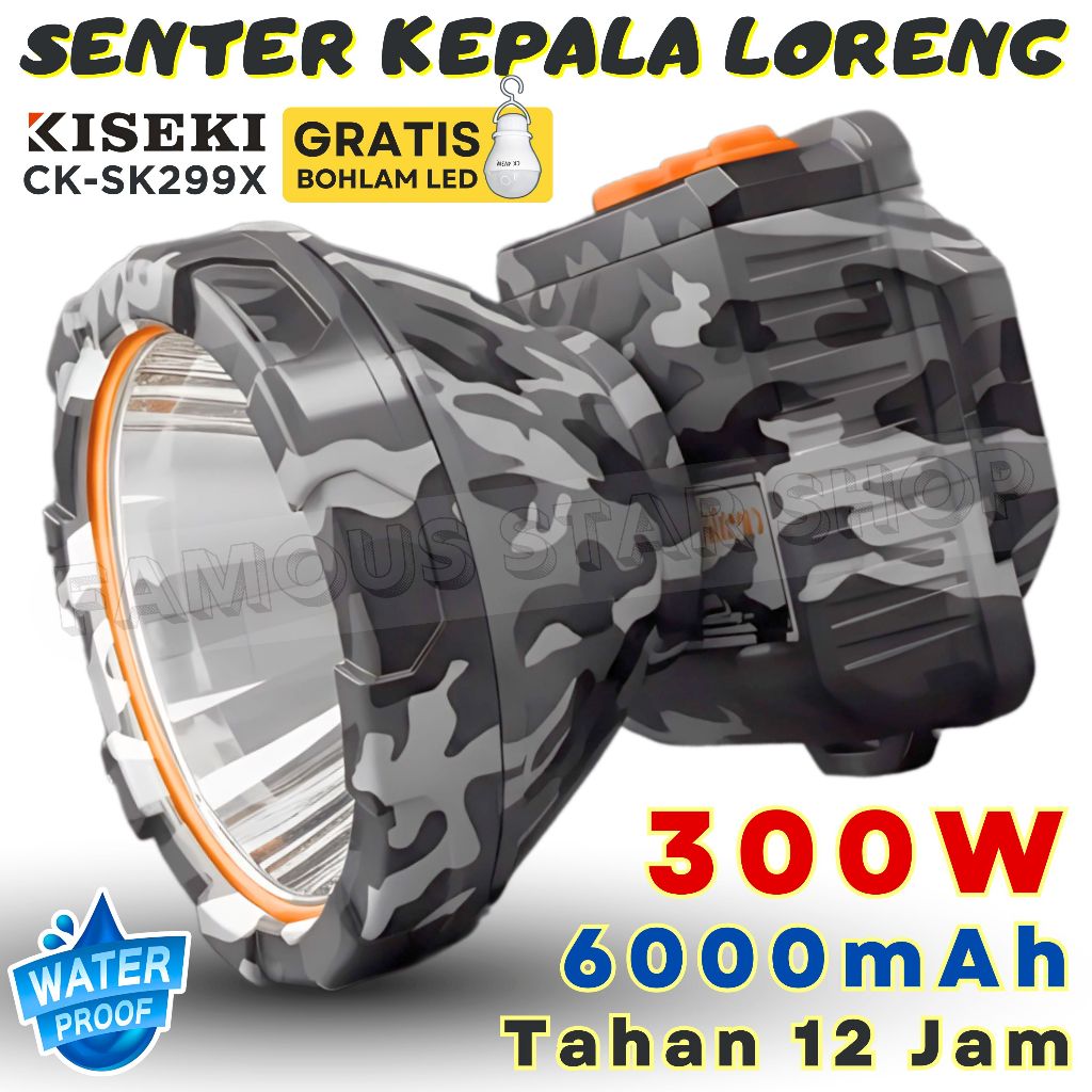 Senter Kepala Premium KISEKI 300W | 6.000mAh Cahaya Putih Tahan 12 Jam | CK-CK299X | FMS