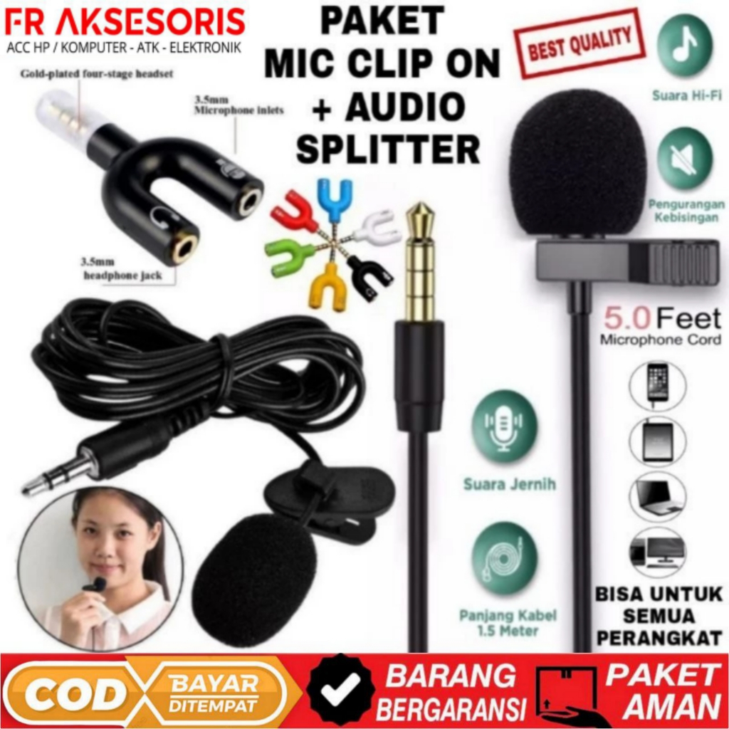 Mic Clip on + Audio Splitter Model - U Aux Jack 2 In 1 paket mic clip on dan splitter