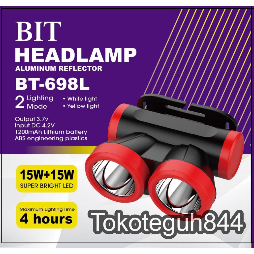BIT BT-698L Senter Kepala Head Lamp Aluminium Reflector 2 Lighting Mode 15W + 15W (White & Yellow) O