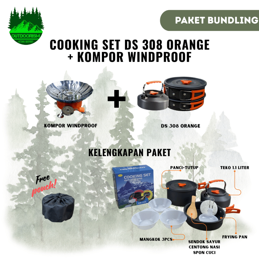 Paket Cooking Set+Kompor Gas Camping Alat Masak Set Kemping Outdoor Nesting Hiking Portable Cookware
