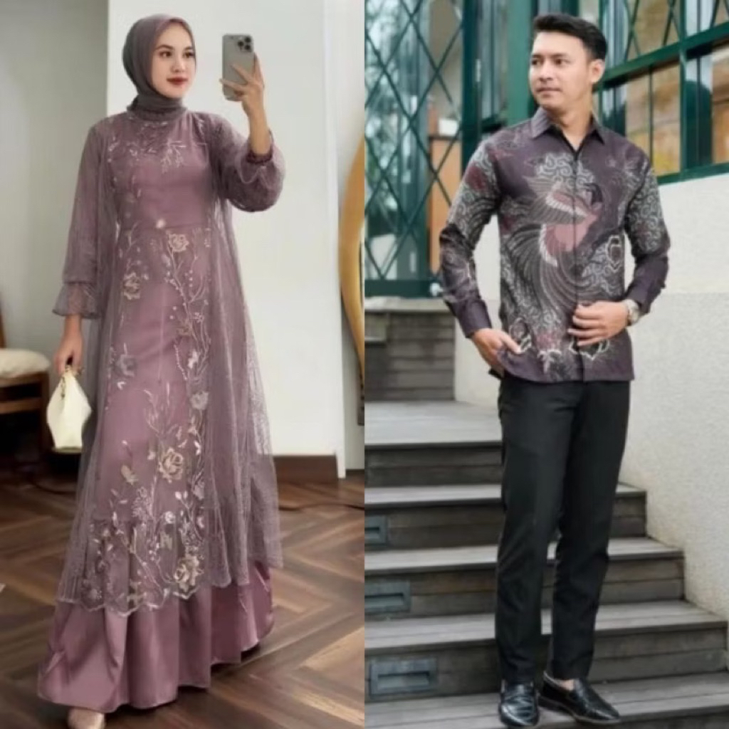 (ADA JUMBO) Batik Couple Gamis Brokat Terbaru Couple Kondangan Couple Tunangan Modern Jumbo,Dress Br