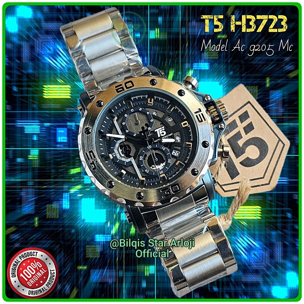 Jam Tangan Besar T5 H3723 Model Ac 9205 Tali Rantai Silver Original