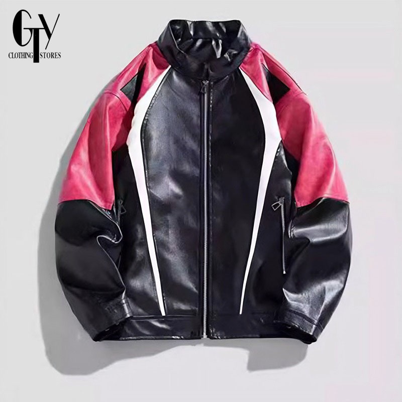 GTY Jaket Kulit Vintage Oversize Pria Korean Leather Jacket Dengan Zipper Sport Varsity Jacket