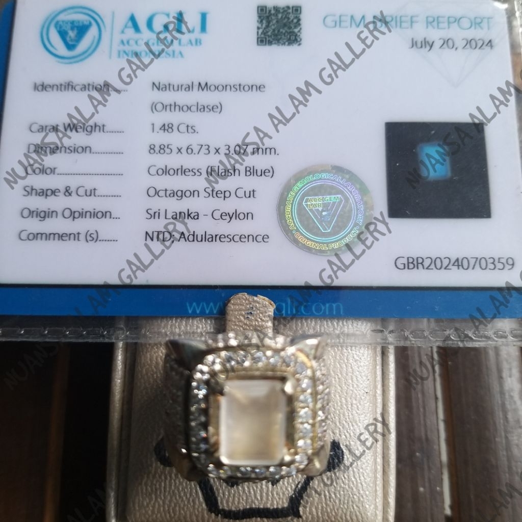Batu Permata Biduri Bulan Air Laut Natural Moonstone Ceylon With Blue Flash Adularescence Ring Perak