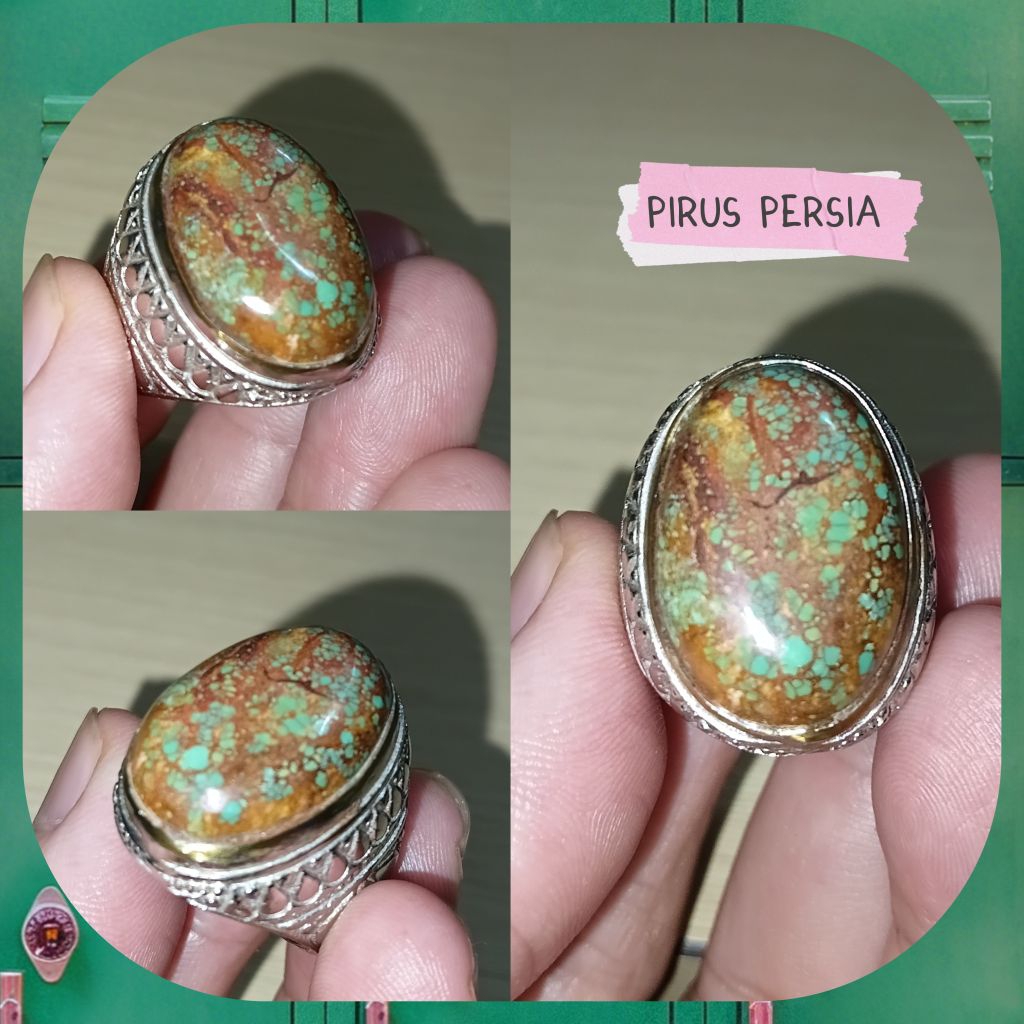 Cincin Pirus Persia Asli warna hijau serat emas Top Natural