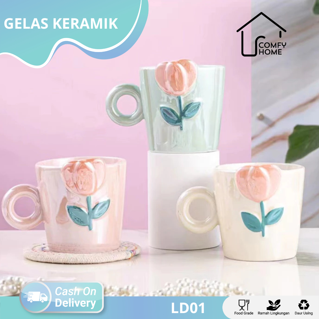 Cangkir Kopi Keramik Ulen Bergaya Korea / Gelas Keramik Cantik Motif Bunga / Gelas Keramik Polos Hit
