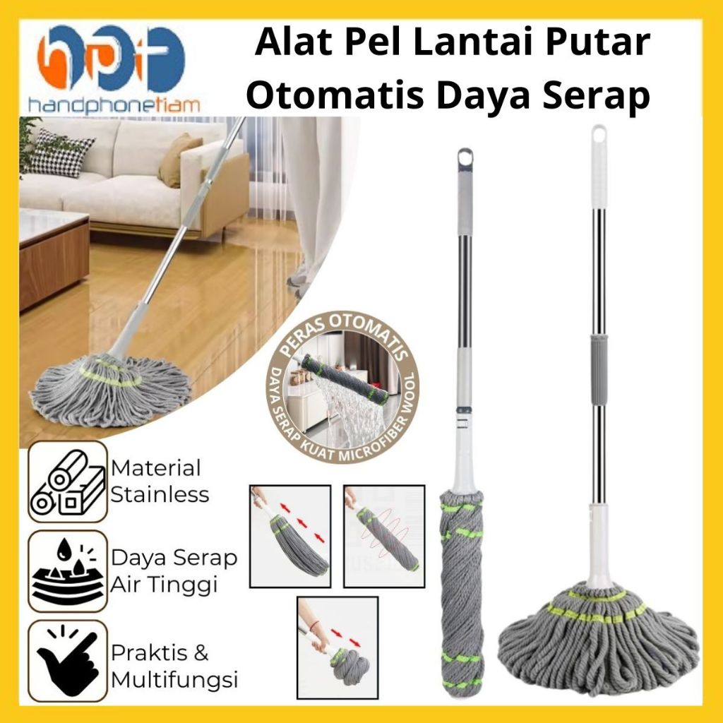 Alat Pel Lantai Putar Otomatis Daya Serap Tinggi Twist Mop Kain Microfiber / Lap Pembersih Stainless
