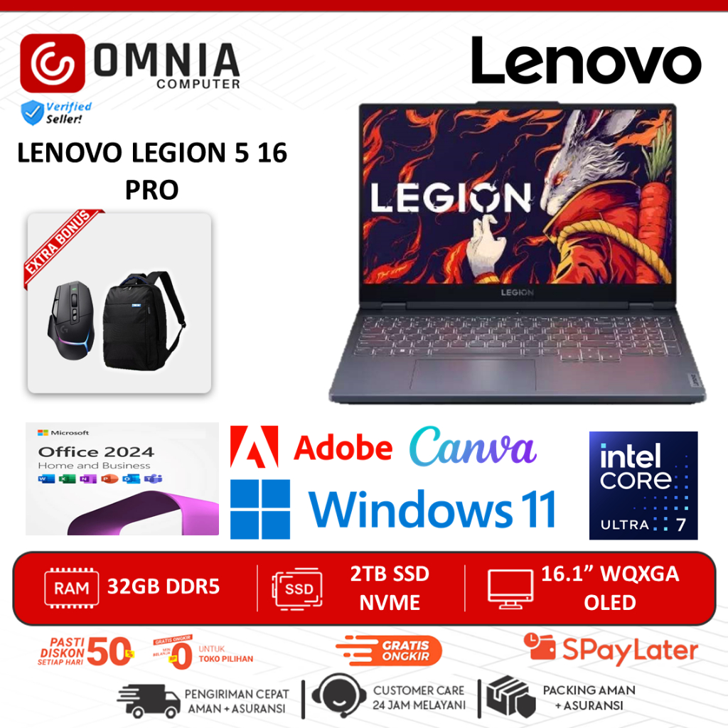 Laptop Lenovo Legion 5 16 PRO RTX5060 Intel Ultra 7 255HX 32GB DDR5 2TB SSD Wqxa OLED Win 11 Baru
