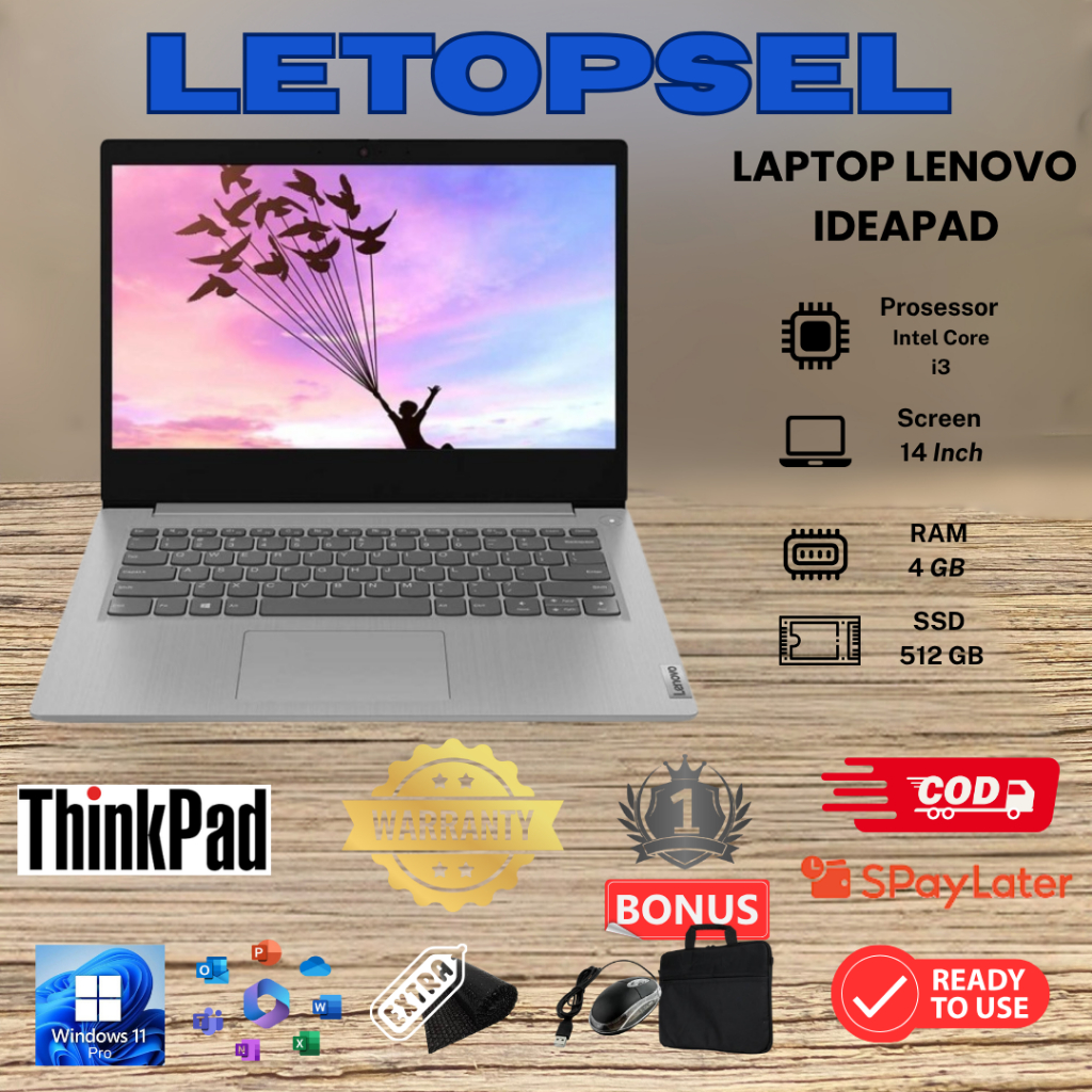 LENOVO IDEAPAD CORE I3 RAM 4GB - 512 SSD / BONUS TAS LAPTOP & MOUSE