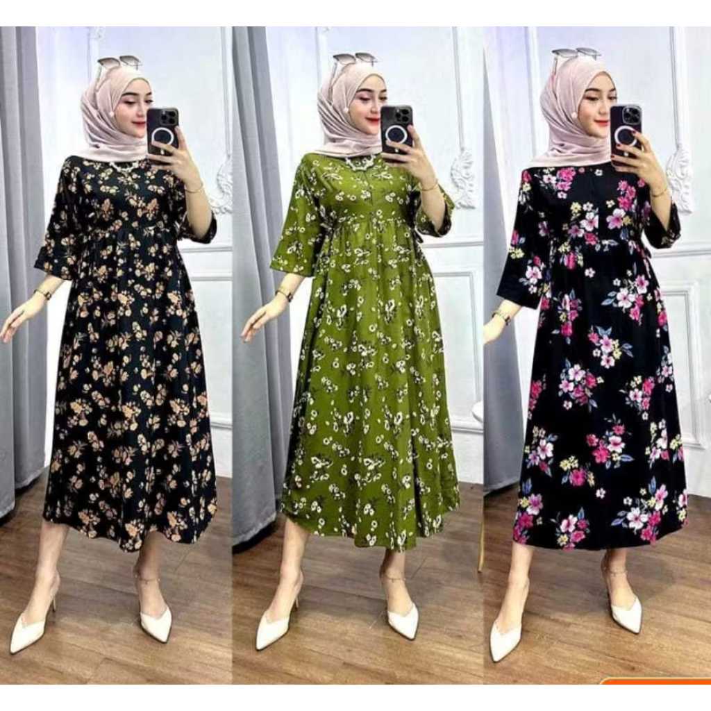 OBRAL Midi Dres Miranda Rayon Motif Bunga Dres Wanita Lengan 7/8