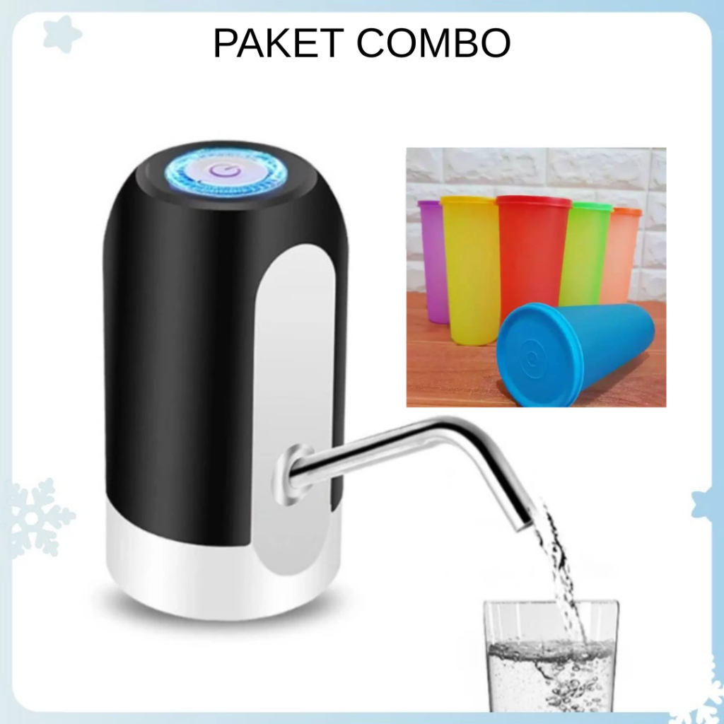 PAKET BUNDLING HEMAT Pompa Galon Elektrik PLUS Gelas Minum dengan Tutup  / SELANG KRAN AIR FLEXIBLE