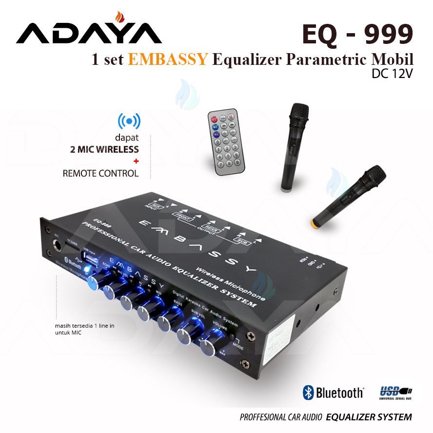 Equalizer Parametric Embassy EQ 999 Karaoke Mobil Bluetooth USB dapat 2 Wireless Mic plus Remote
