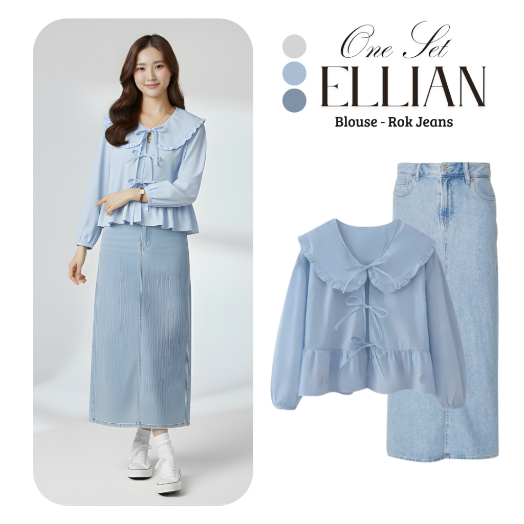 Ellian One Set 2in1 Mix N Match Outfit Wanita Kekinian | Blouse Outer - Rok Span Jeans | Setelan Oot