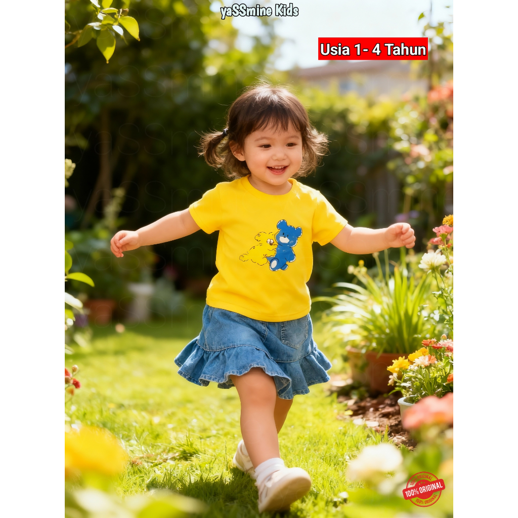 Stelan Anak Perempuan Usia 1-4 Tahun - Kaos Bear Kuning + Rok Jeans Ruffle | Baju Anak Lucu Nyaman