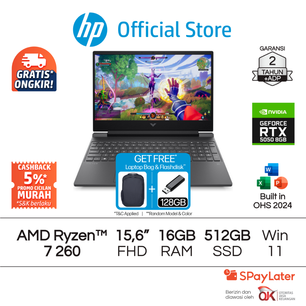 Victus Laptop Gaming HP AMD Ryzen 7 NVIDIA GeForce RTX 5050 16GB RAM 512GB SSD Silver Free Windows 1