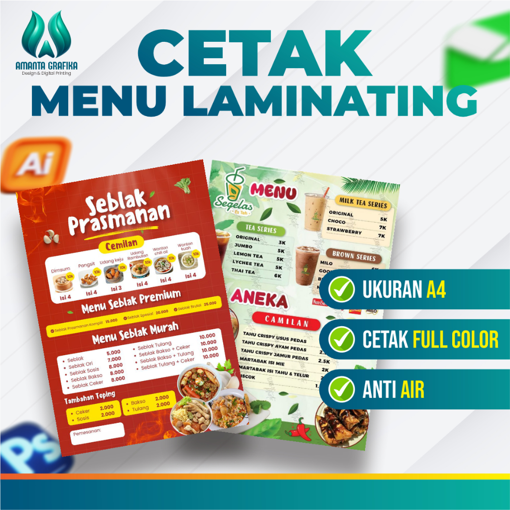 Daftar Menu A4 Kertas Tebal Anti Luntur Laminating | Menu Makanan / Minuman