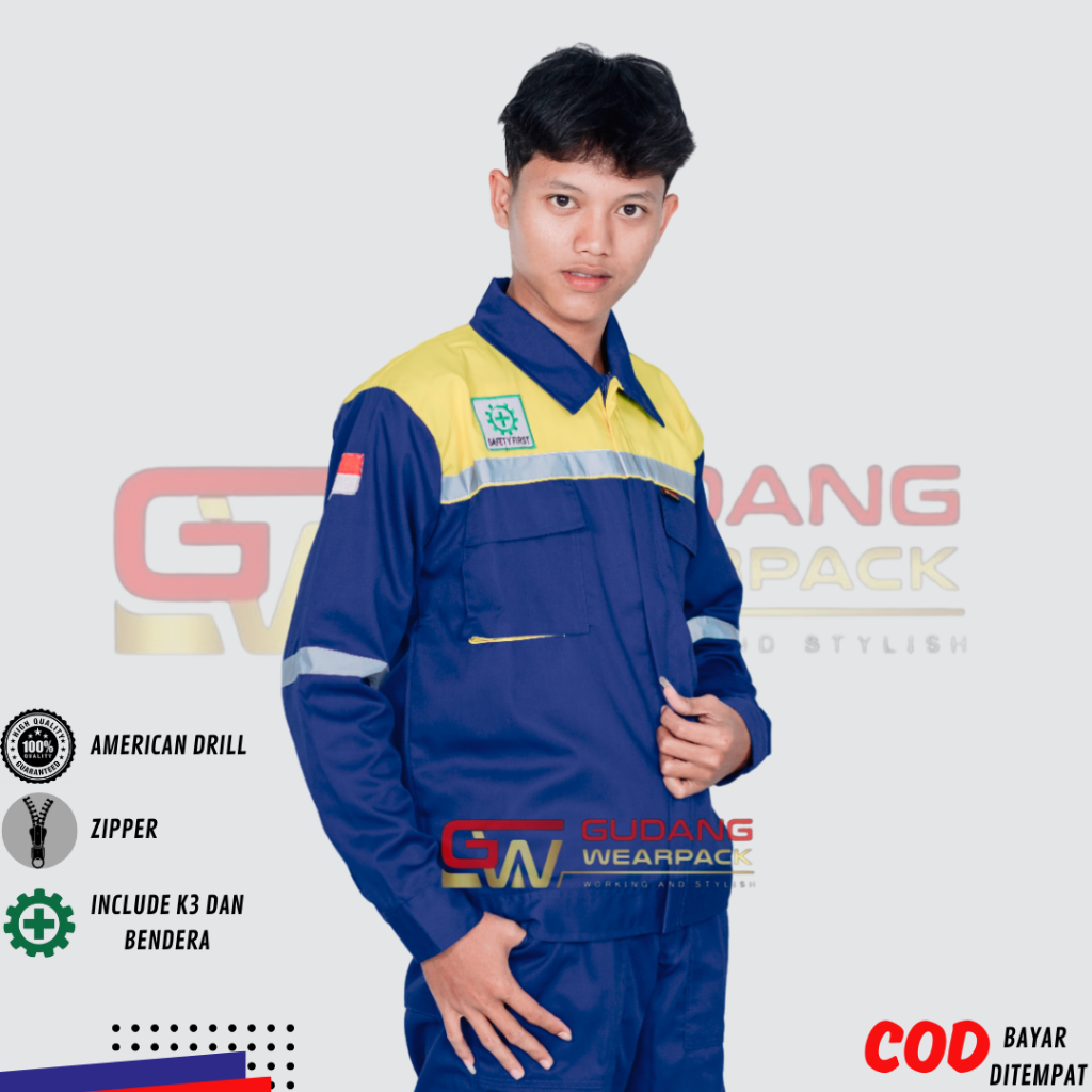 Wearpack Atasan Lengan Panjang Baju Kerja Warna Biru Benhur Kombinasi Kuning