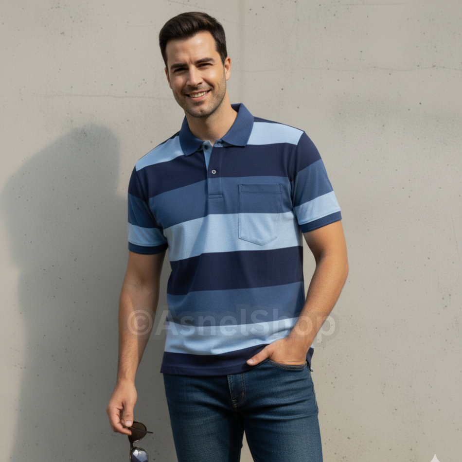 Kaos Kerah Pria Dewasa Salur Balok Lengan Pendek Afada | Baju Wangki Distro Motif Garis Cowok Terbar