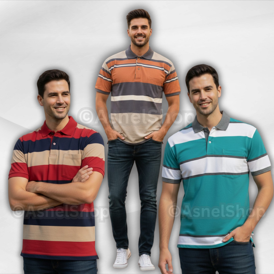 Paket Murah 3 pcs Kaos Kerah Salur Kantong Depan Pria Wanita Unisex Lengan Pendek M L XL XXL XXXL