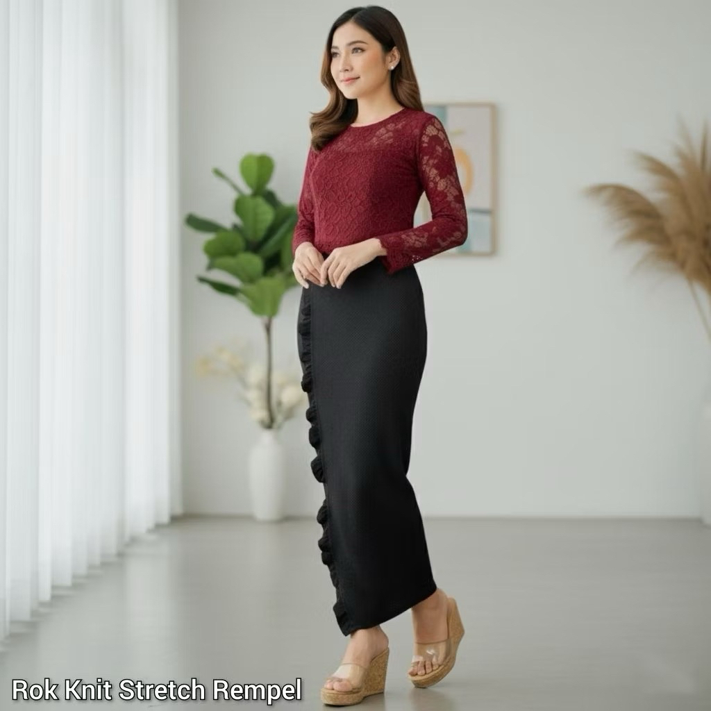 Rok Knit Polos Variasi List Rempel Cantik | Rok Hitam Knit Stretch | Bawahan Kebaya