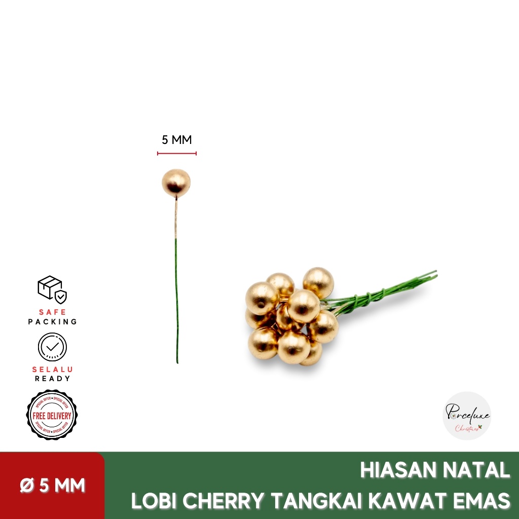 DIY Hiasan Dekorasi Natal Lobi Cherry Bulat Emas 5 mm Tangkai Kawat Pohon Putik Bunga Artificial