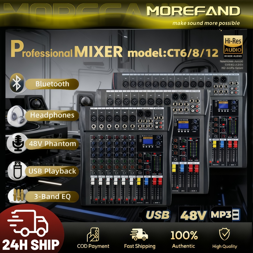 MOREFAND mixer Audio Professional 6/8/12 -Channel Mixer with DSP, USB, Bluetooth, and 12V Car Suppor