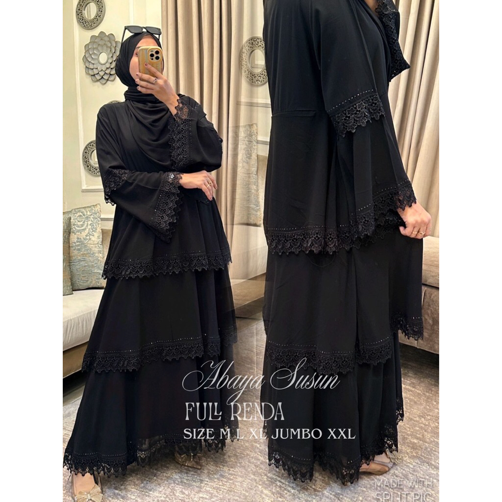 Abaya Susun Renda Hitam Premium Mewah Lucu kekinian ukuran M L XL jumbo XXL Gamis Wanita Muslim