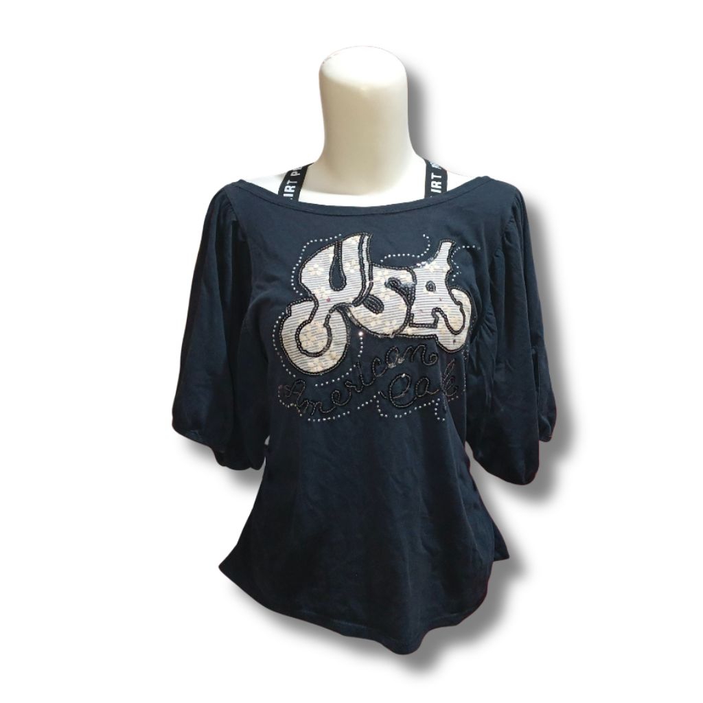 pre❤ vintage y2k 2000s mcbling offshoulder graphic top